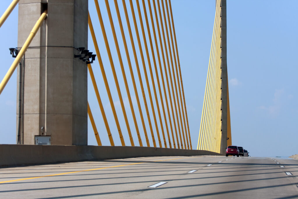 The golden cable-stayed William V Roth Jr bridge found in the state of Delaware USA.