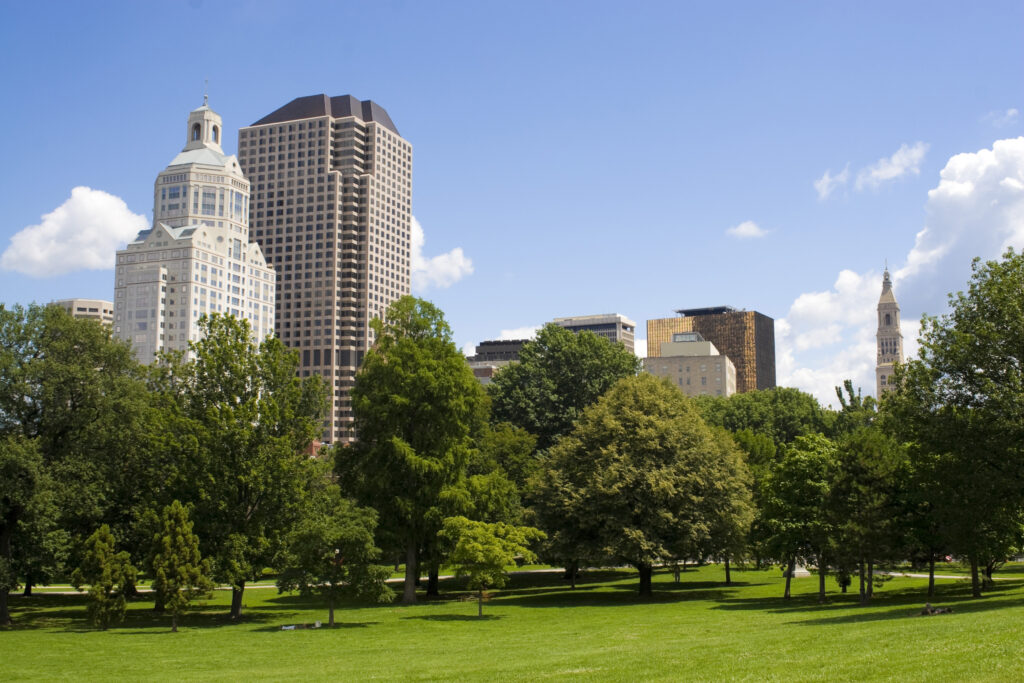 The Hartford Connecticut city skyline as seen from Bushnell Park.