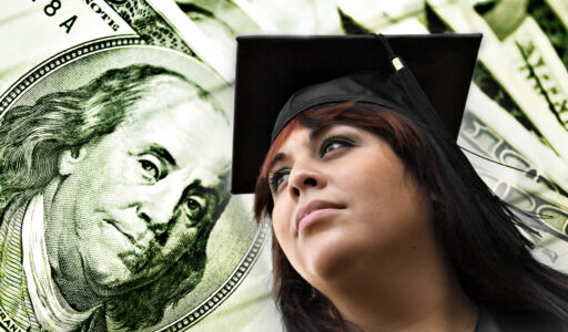 A closeup of a female graduate in her cap and gown in front of a money background. Great conceptual image for scholarships college loans or projected career earnings.